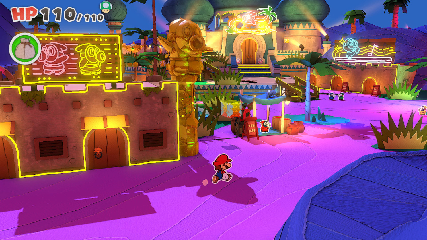 Une scène du jeu Mario avec des bâtiments et des personnages la nuit. Une route violette au premier plan.