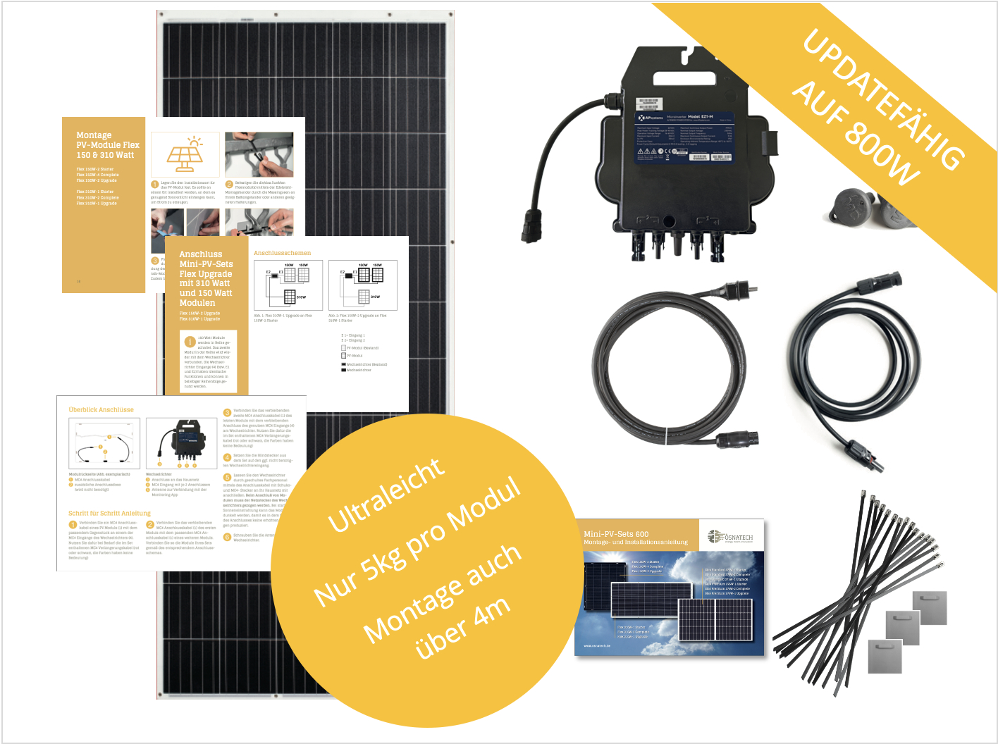 Solarpanel-Installationskit. Enthält Paneele, Wechselrichter, Verkabelung und Montagematerial. Text: Ultraleicht.