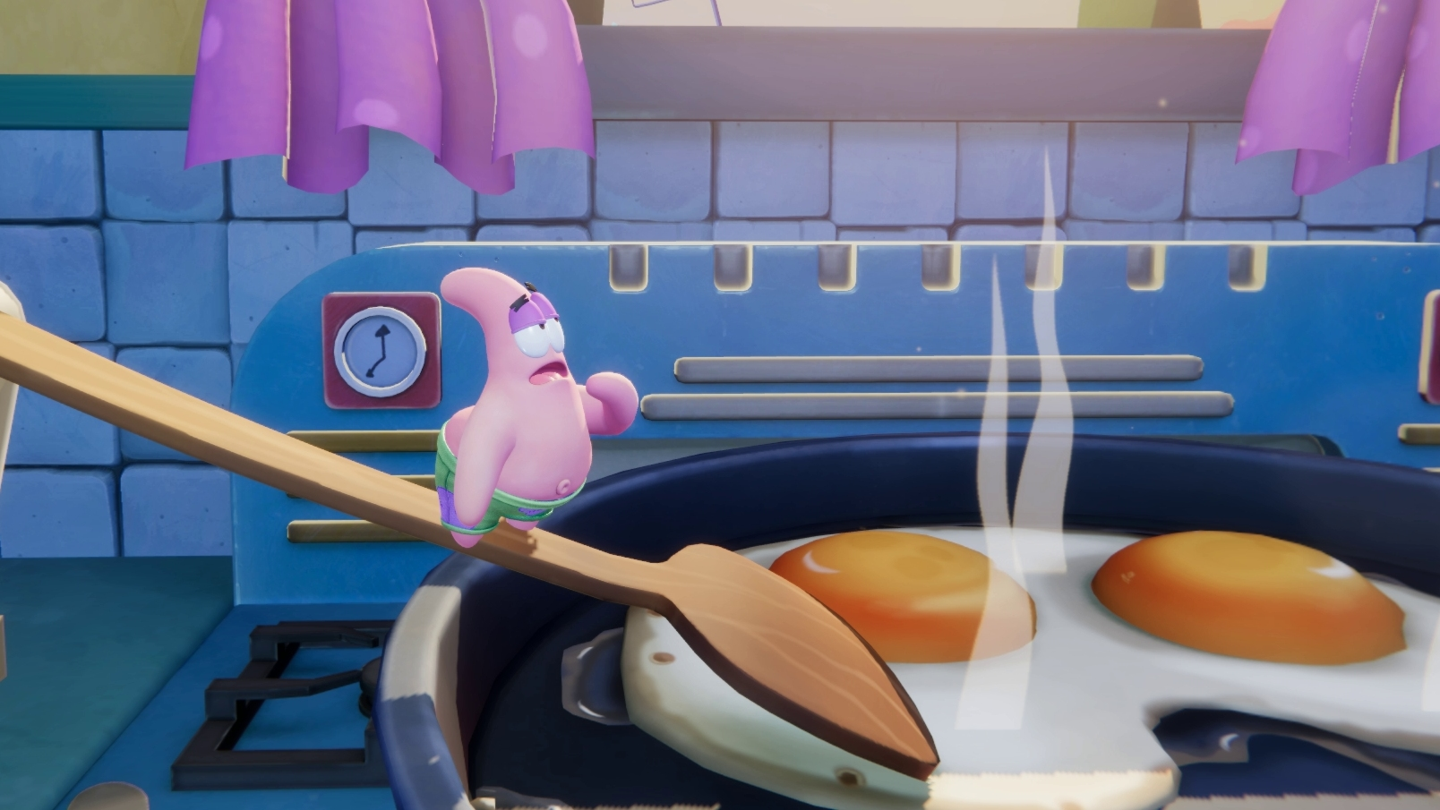 Patrick Star in einer Küche, der zwei braten Eier ansieht.