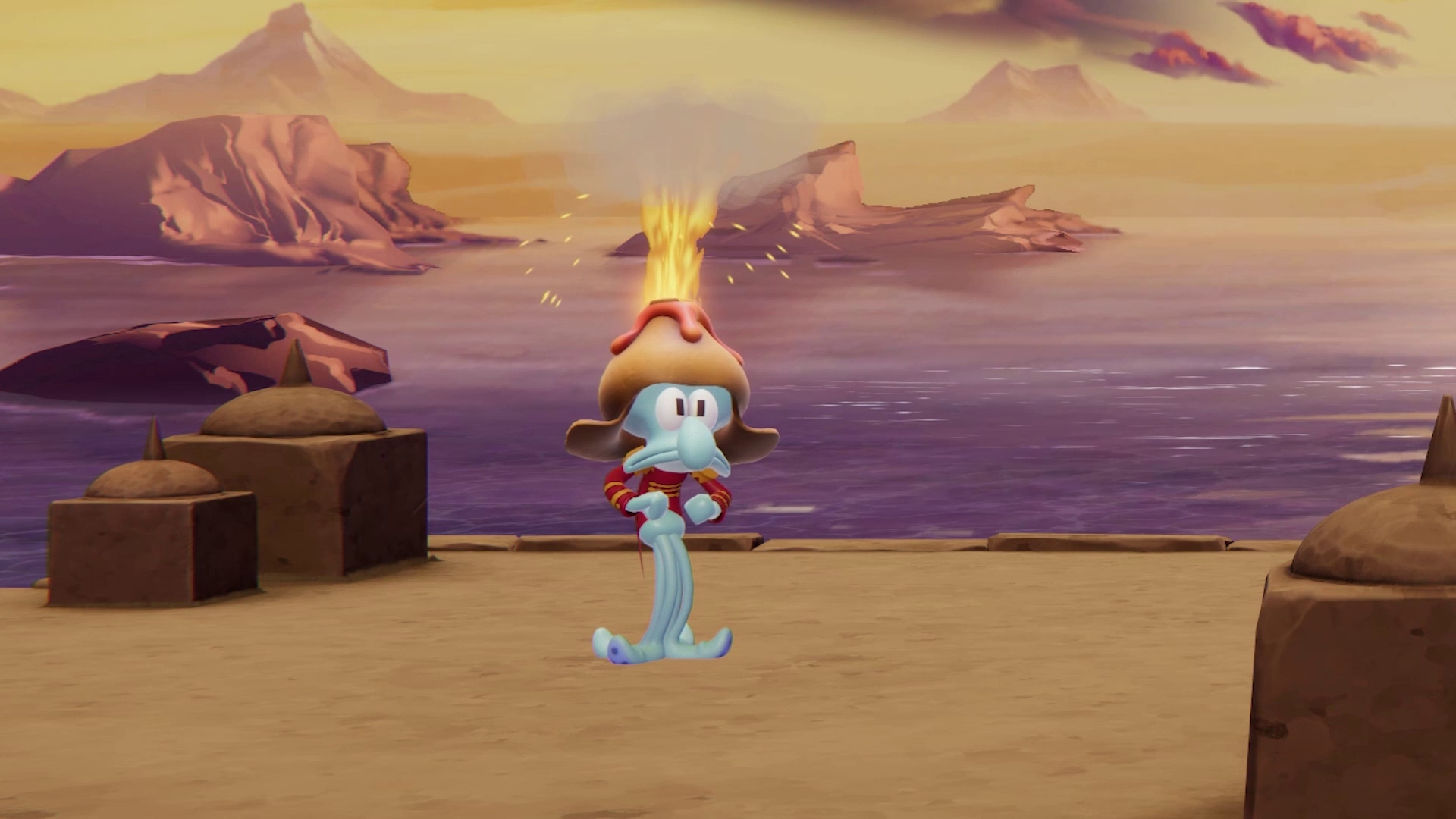 Ein Cartoon-Thaddäus mit Flammenhut steht auf einer Plattform am Wasser.