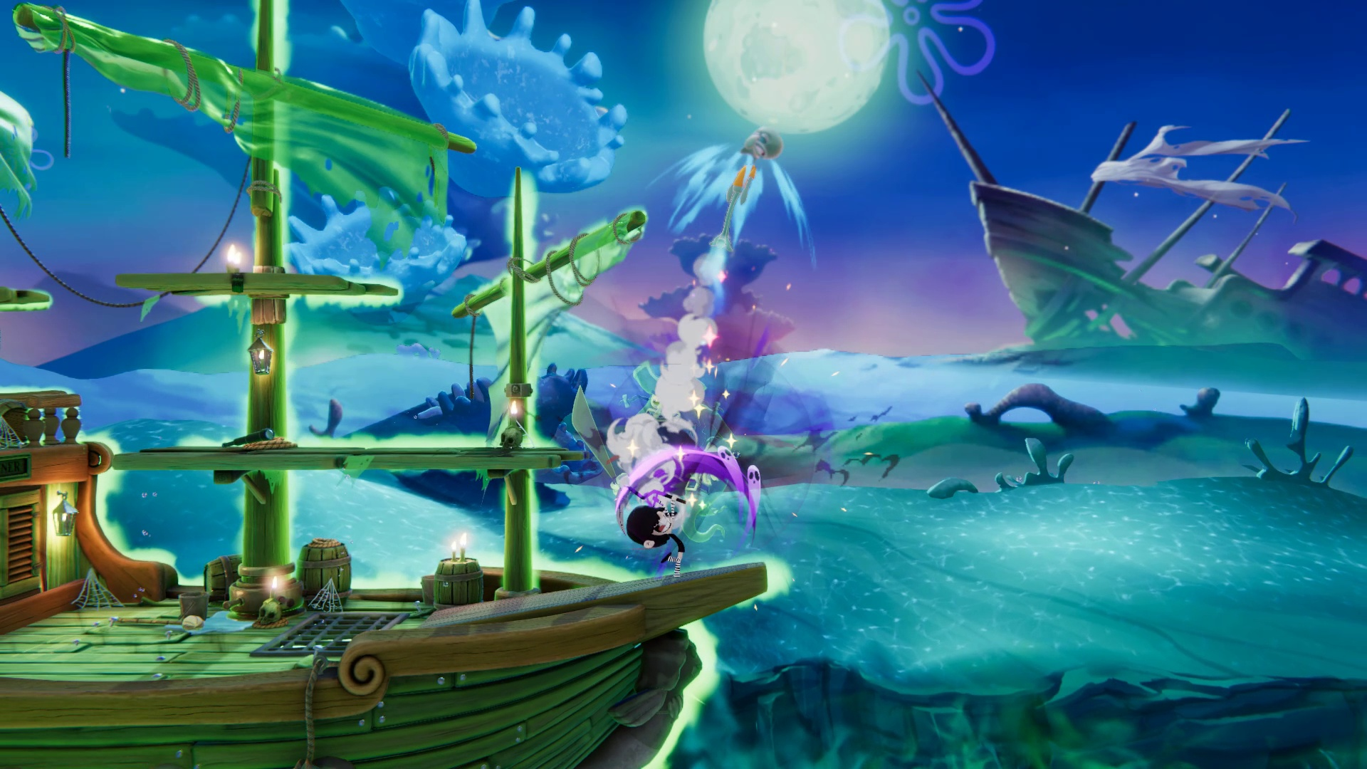 Spongebob-Figur fliegt über Wasser auf ein Schiff zu. Der Hintergrund ist eine Nachtszene mit Vollmond.