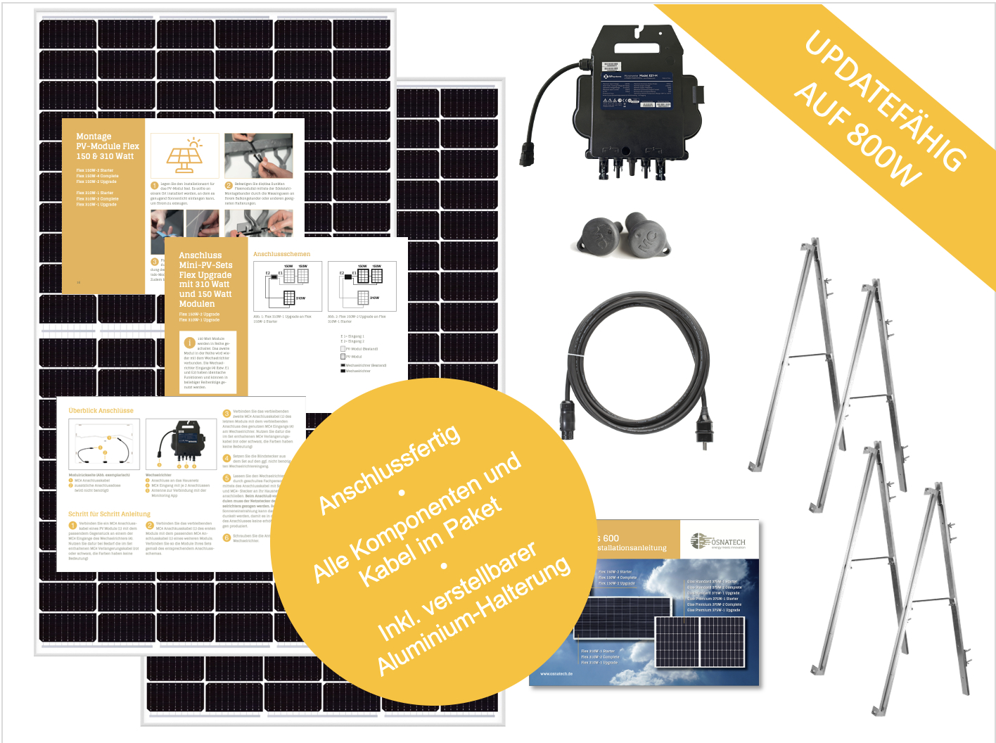 OSNATECH Mini-PV-Set Premium Complete 600 Glas 385W-2 "Balkonkraftwerk" Balkon-Solaranlage