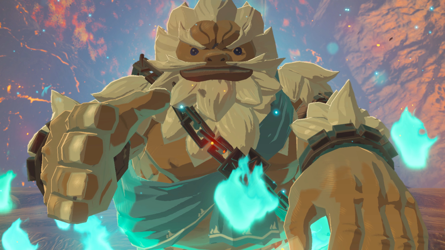 Een groot, gespierd, wit behaard figuur uit een videogame. Hij bevindt zich in een vurige omgeving.