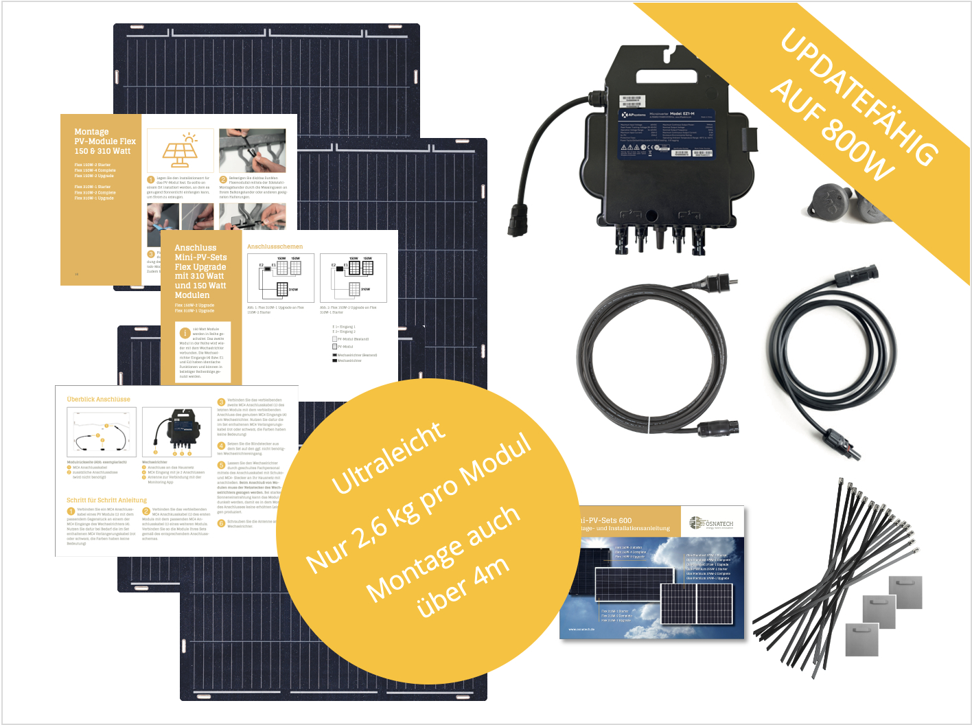 Solarpanel-Set mit Verkabelung und Anleitungsmaterial. Der Text lautet 'Updatefähig auf 800W'.