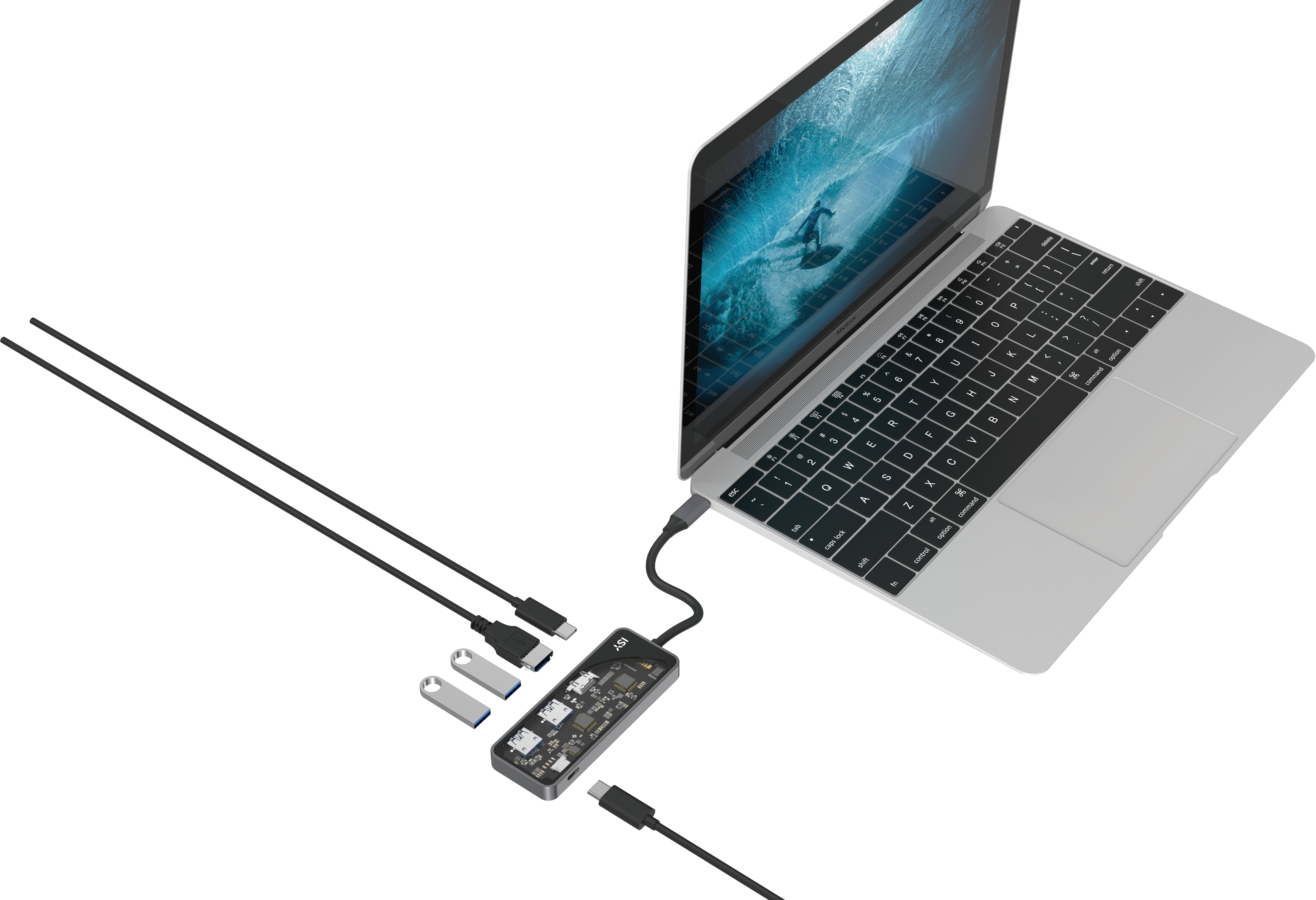 Laptop, verbunden mit Hub, USB-Laufwerken und Kabeln.