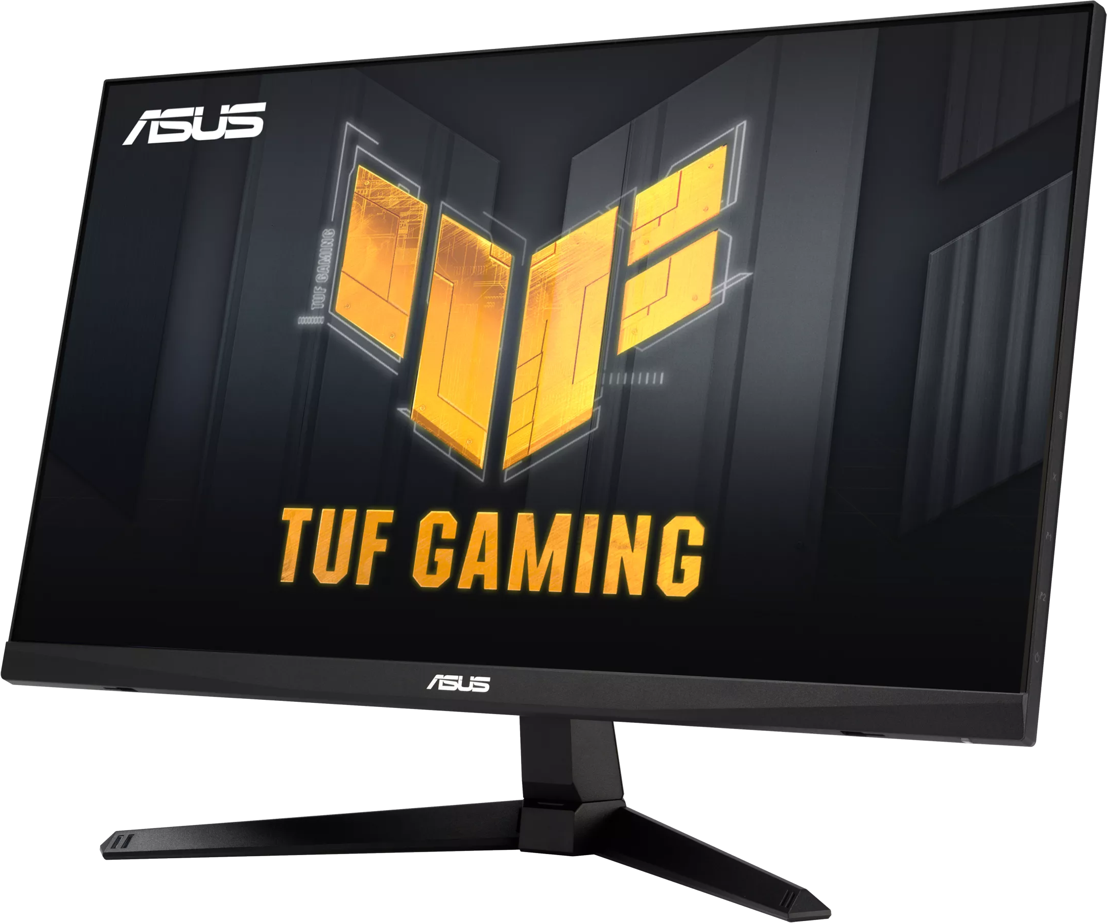 Egy fekete számítógép monitor az ASUS TUF GAMING logójával a képernyőn.