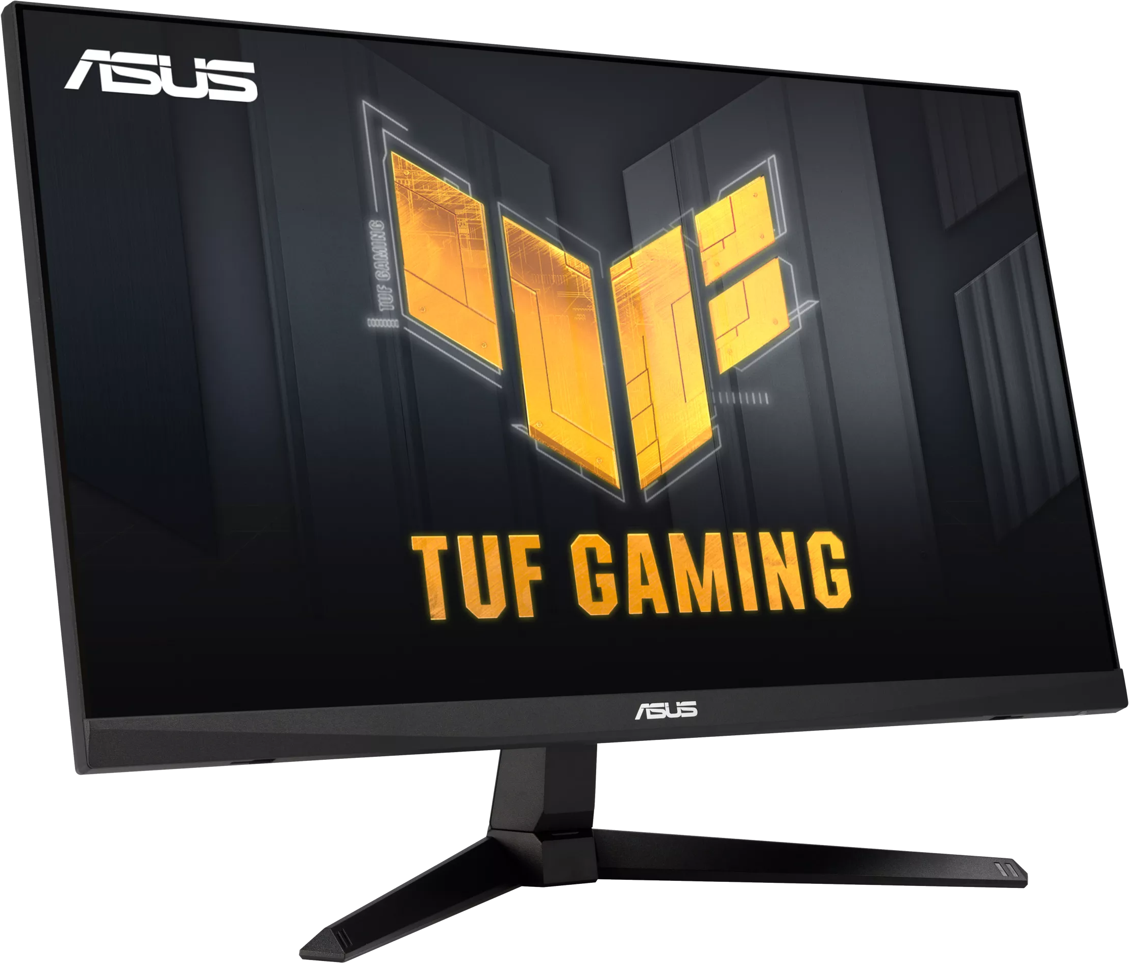 Fekete számítógép monitor, a TUF GAMING logóval fekete háttéren.