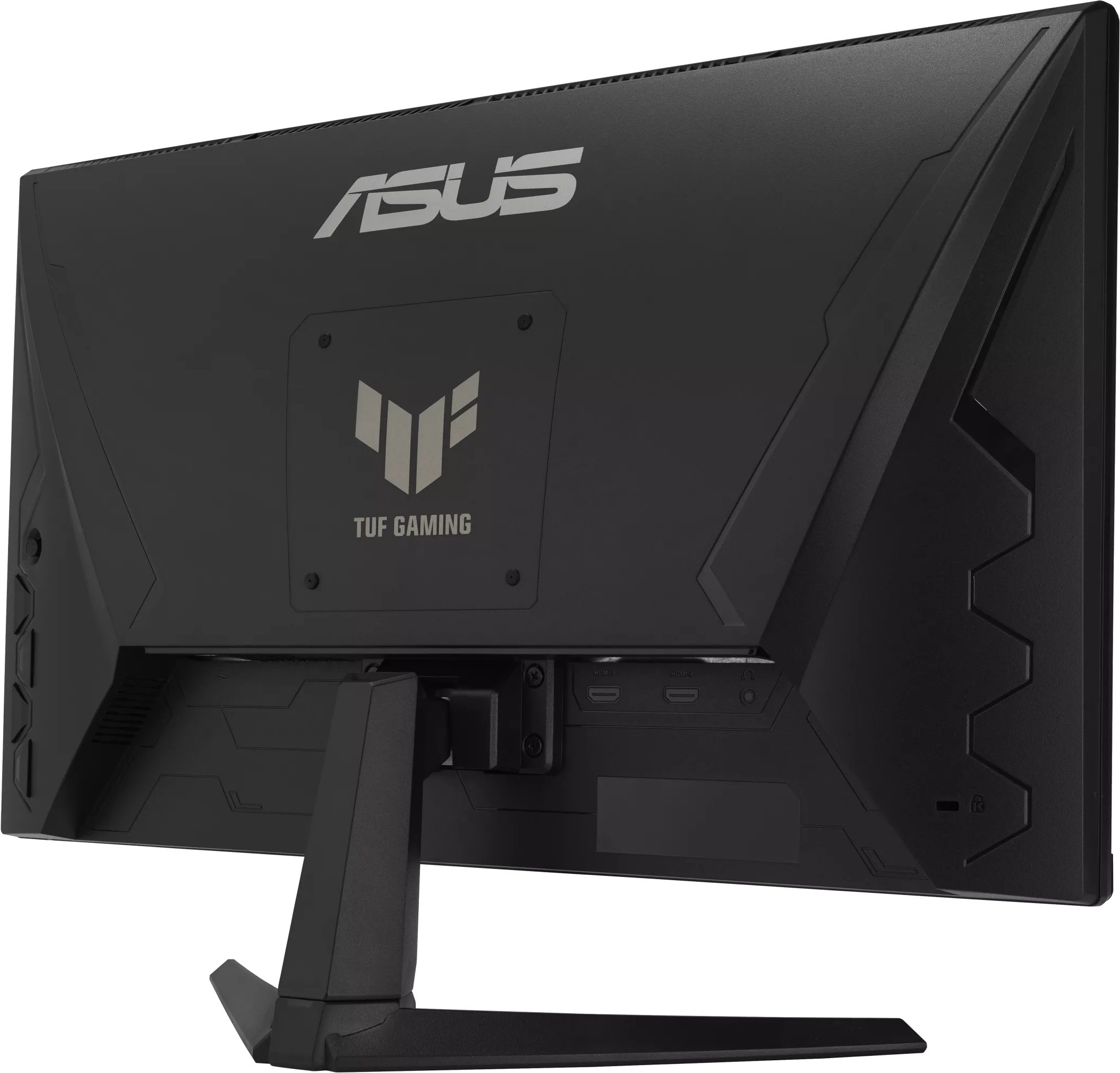 Fekete ASUS TUF gaming monitor hátulja logóval, portokkal és állvánnyal.