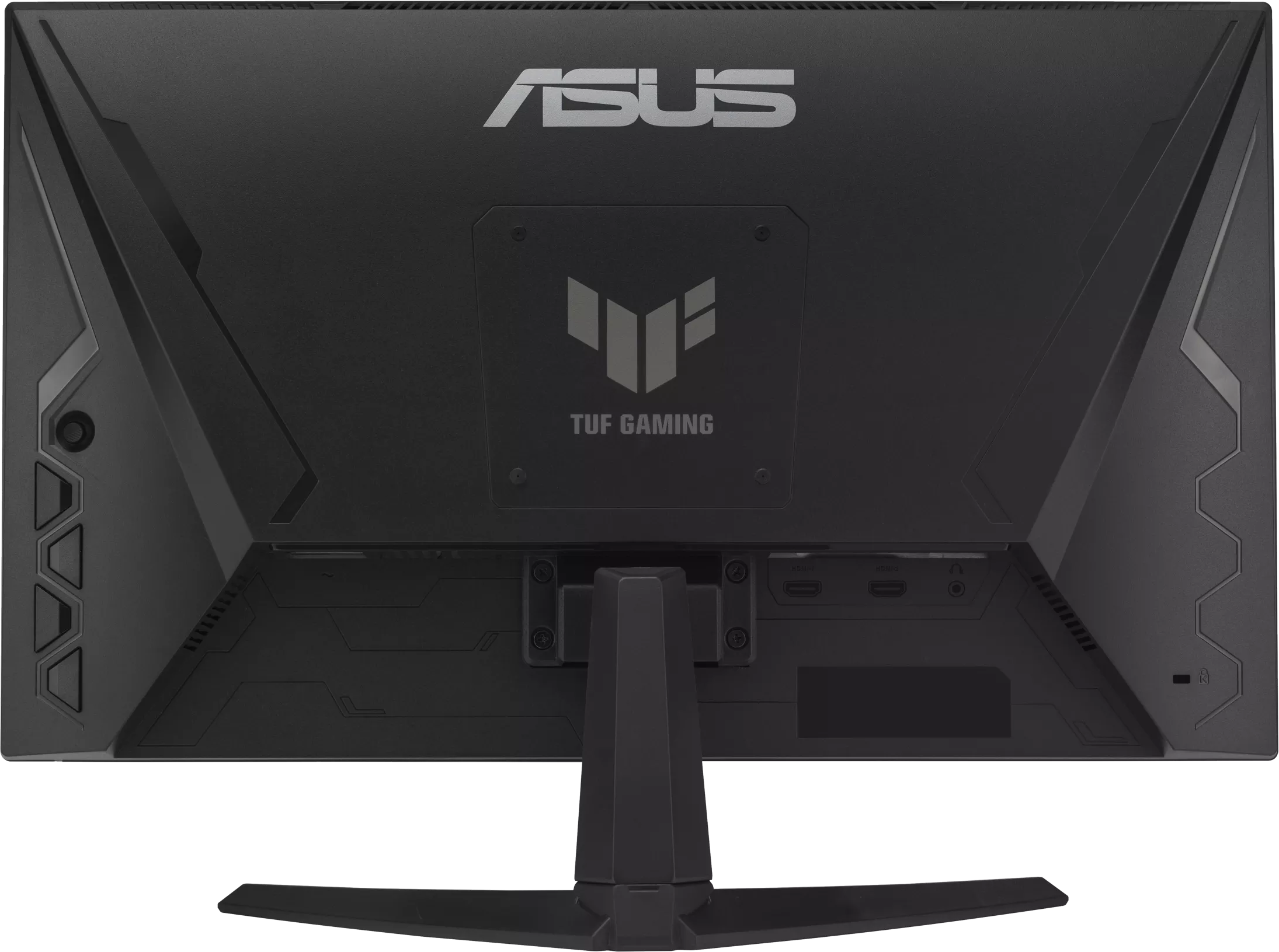 Egy fekete ASUS TUF Gaming monitor hátulja, portokkal és állvánnyal.