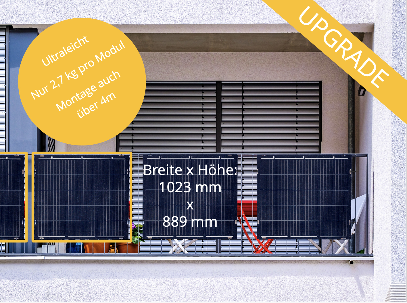 Balkon mit Solarpanels, Abmessungen in mm, mit Upgrade-Kennzeichnung.