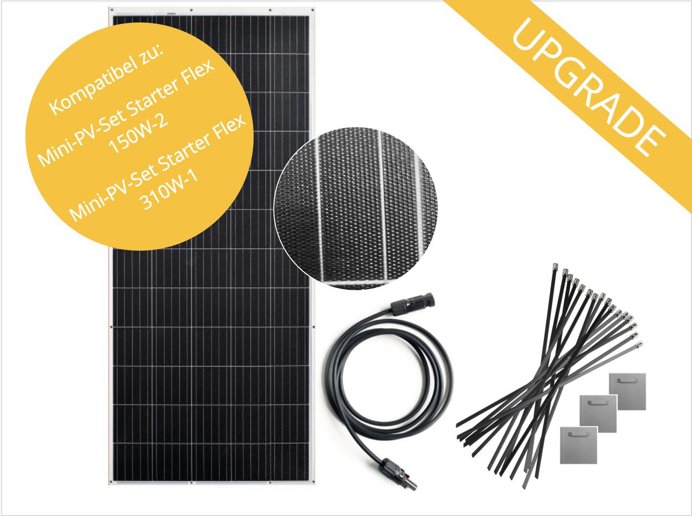 Ein Solarpanel mit zusätzlichen Komponenten und Upgrade-Text auf einem gelben Banner.
