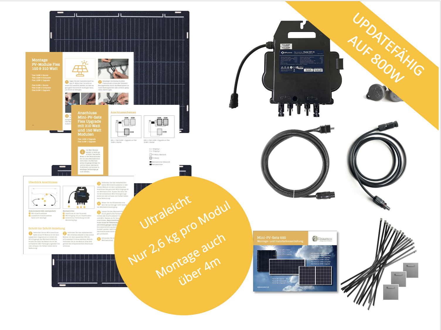 Solarpanel-Kit mit Installationsanweisungen und Kabel.