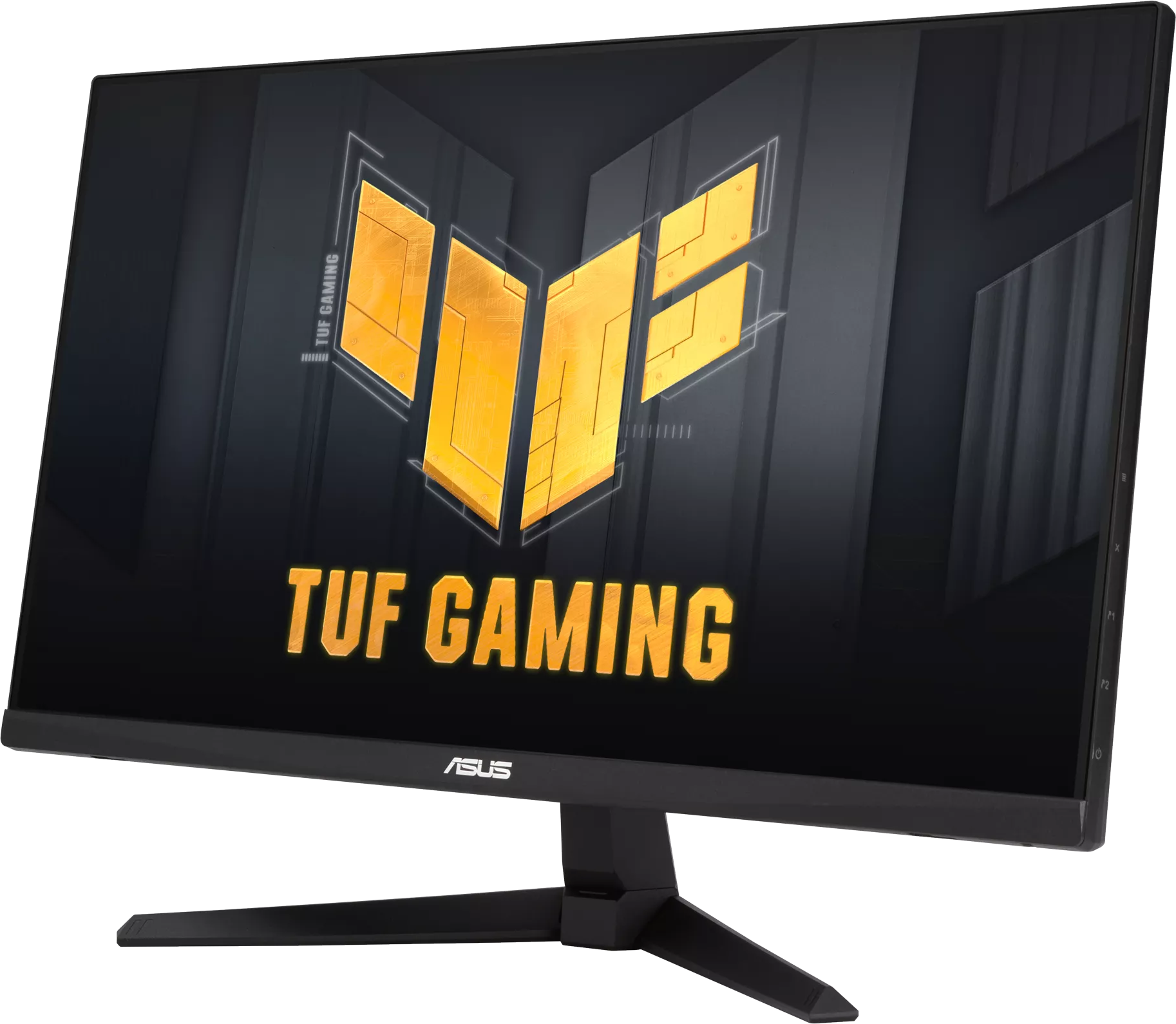 TUF Gaming monitor, fekete keret arany logóval a képernyőn, a kijelzőt mutatva.