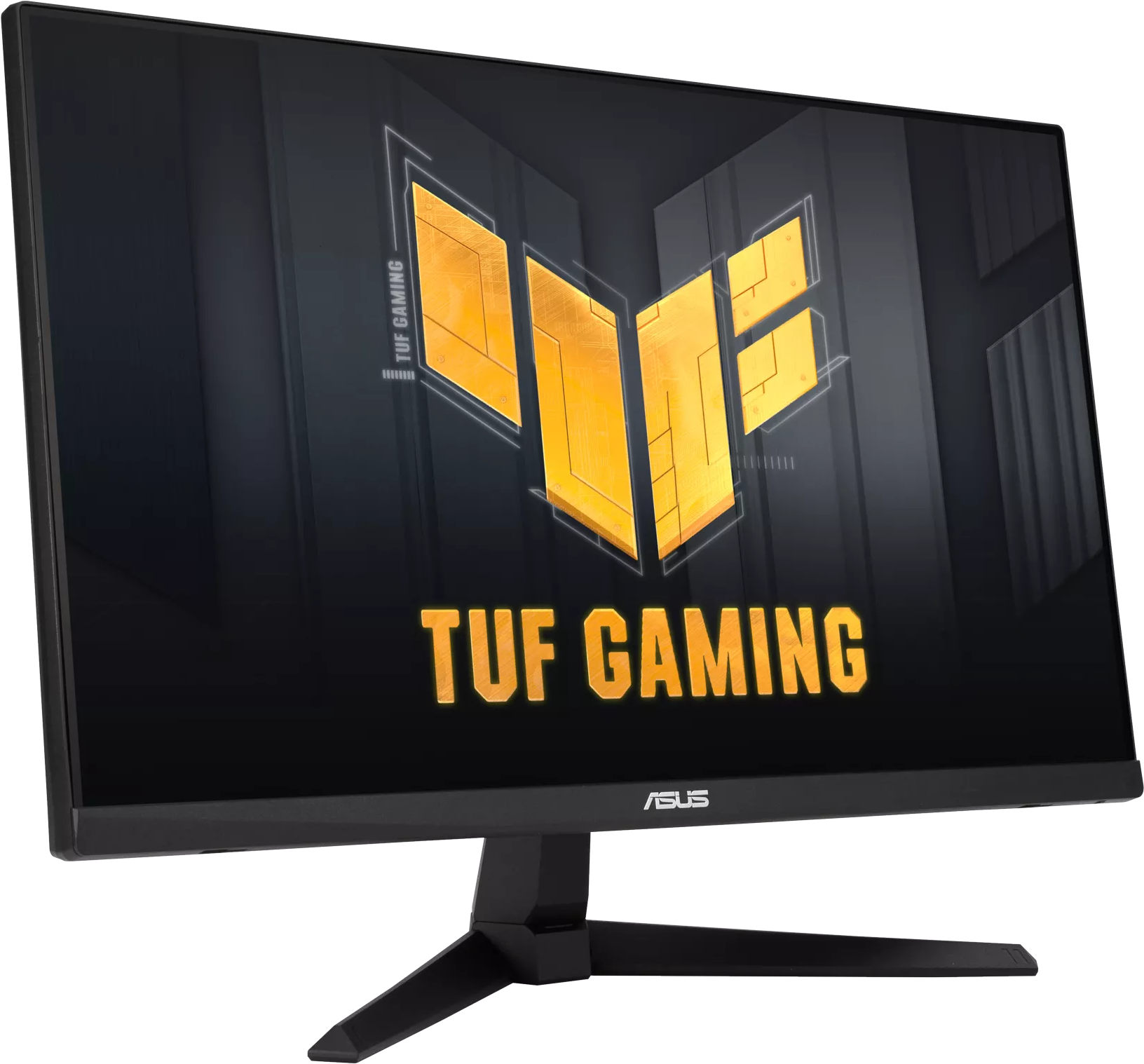 Asus TUF Gaming monitor. Fekete képernyő sárga és fekete TUF Gaming logóval.
