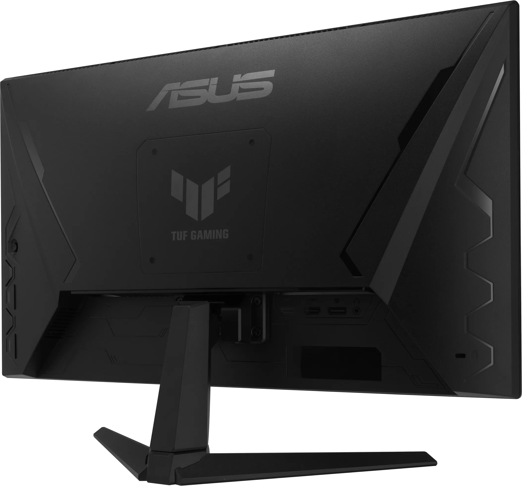 Egy fekete ASUS TUF Gaming monitor hátulról, állvánnyal és logóval.