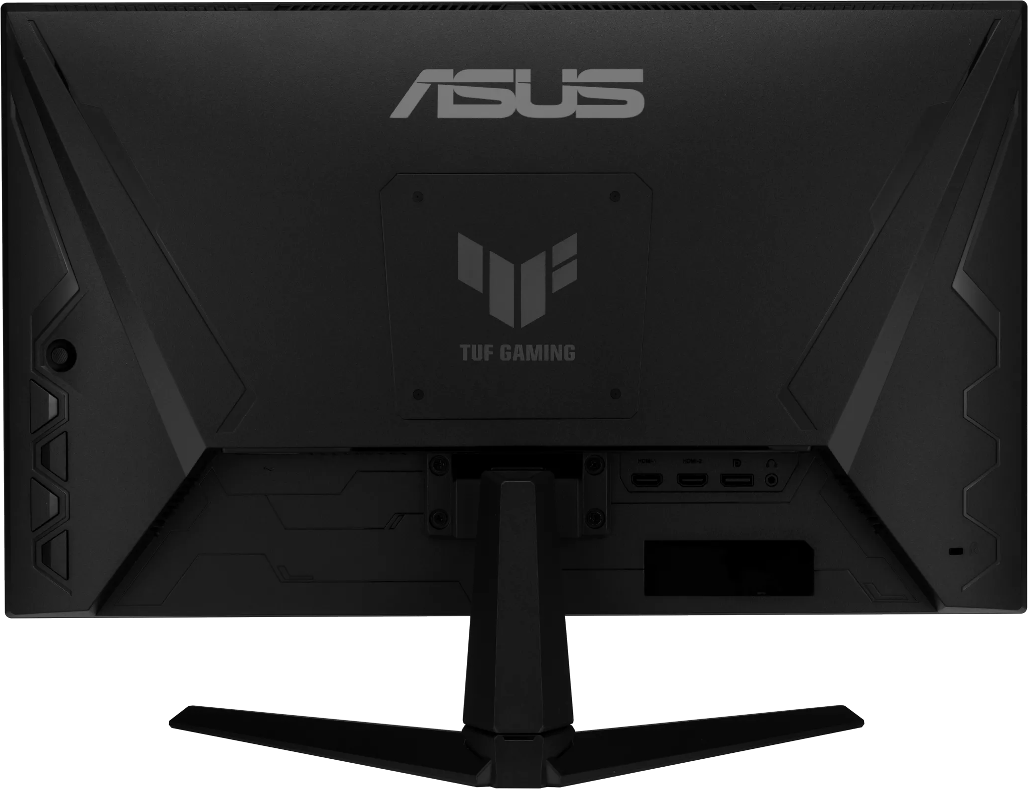 ASUS TUF Gaming monitor hátulja, fekete, logókkal és portokkal.