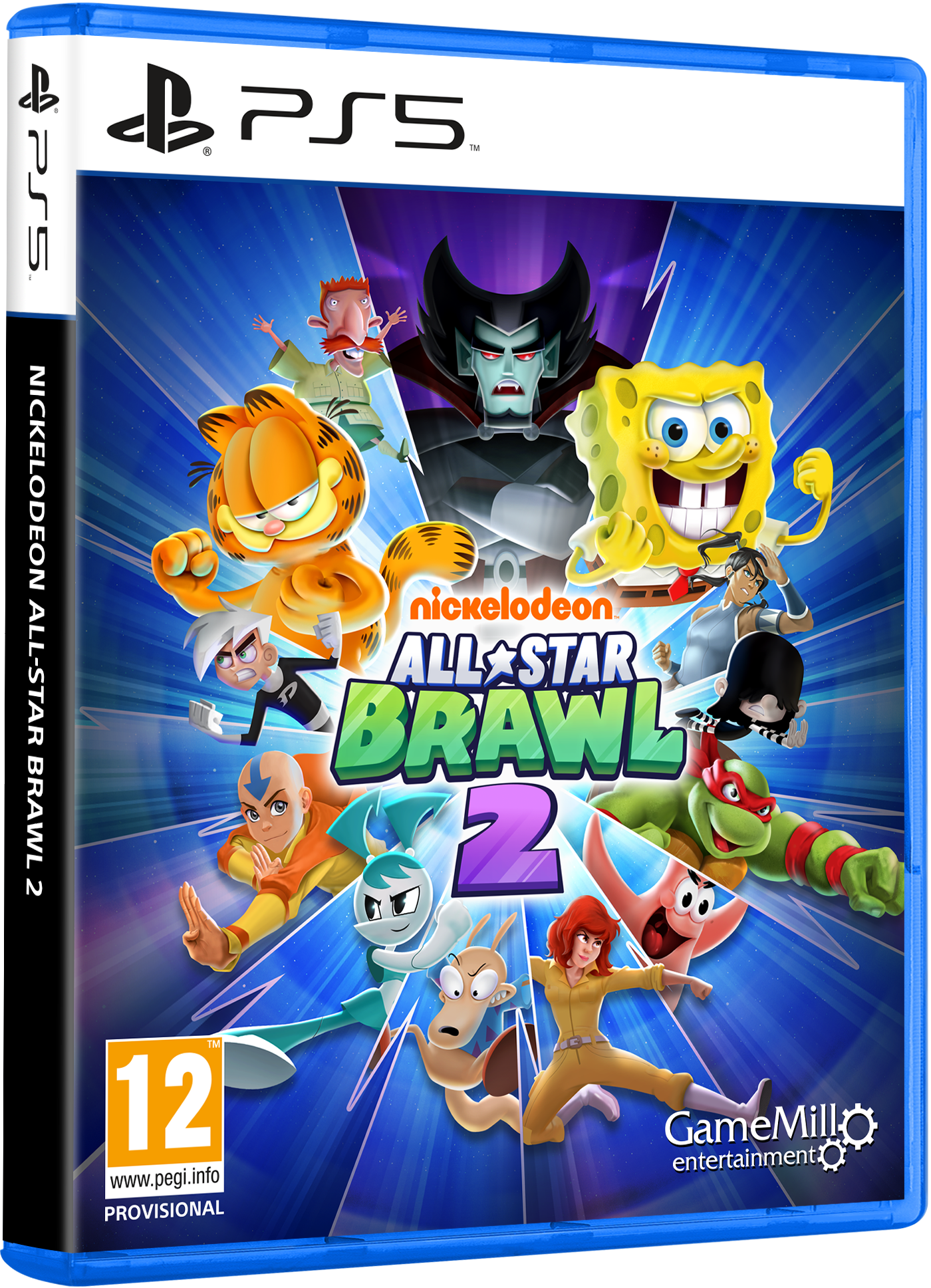 Eine PS5-Spielehülle mit Nickelodeon All-Star Brawl 2 Cover-Art.