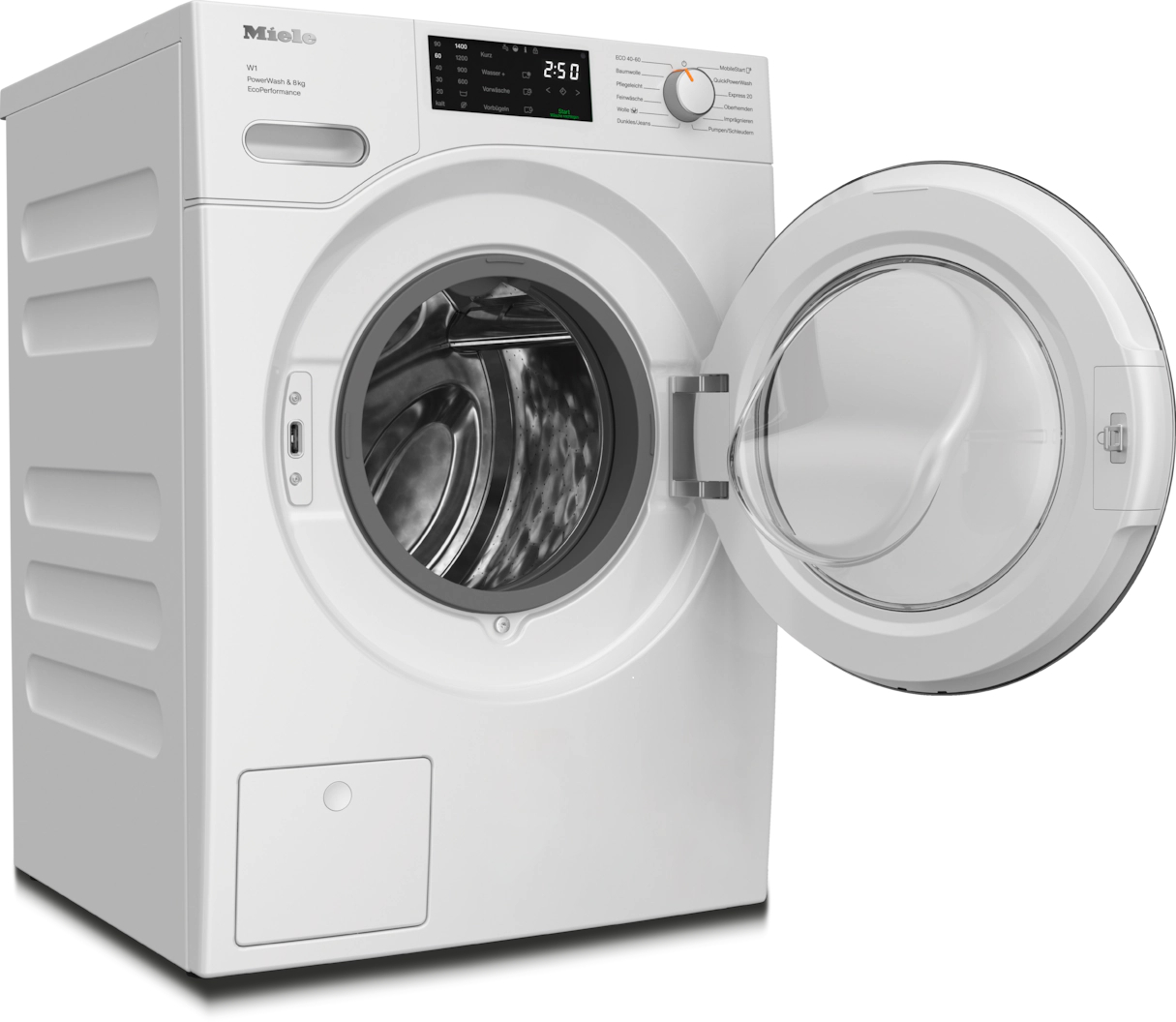 Weiße Waschmaschine mit offener Tür, Bedienfeld und Anzeige mit der Zeit 2:50.