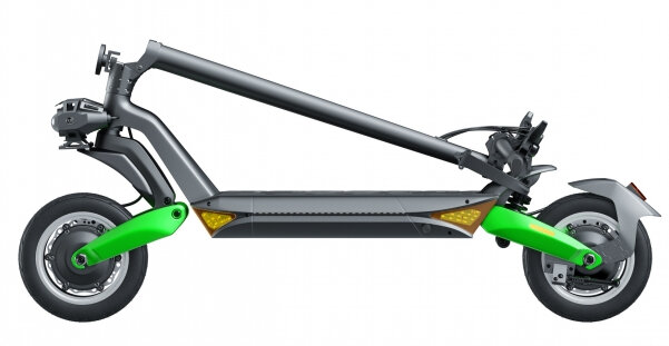 Szara hulajnoga z zielonymi akcentami, rozłożona, na białym tle.