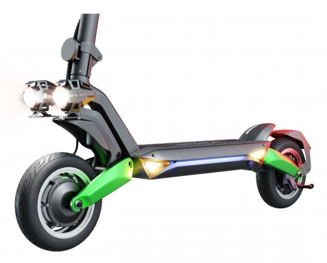 Czarna hulajnoga elektryczna z zielonymi akcentami i światłami.
