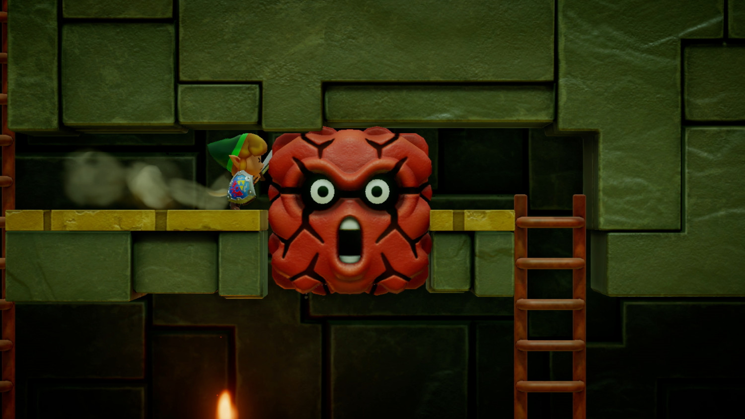 Link in een kerker, vechtend tegen een rode, boze, kubusvormige vijand.