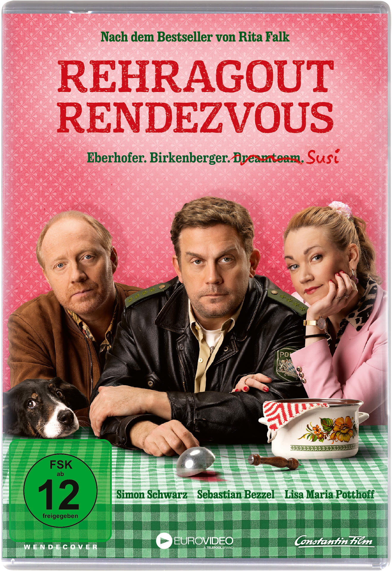 Filmcover mit drei Personen, einem Hund und Text auf Deutsch. Der Hintergrund ist rosa.