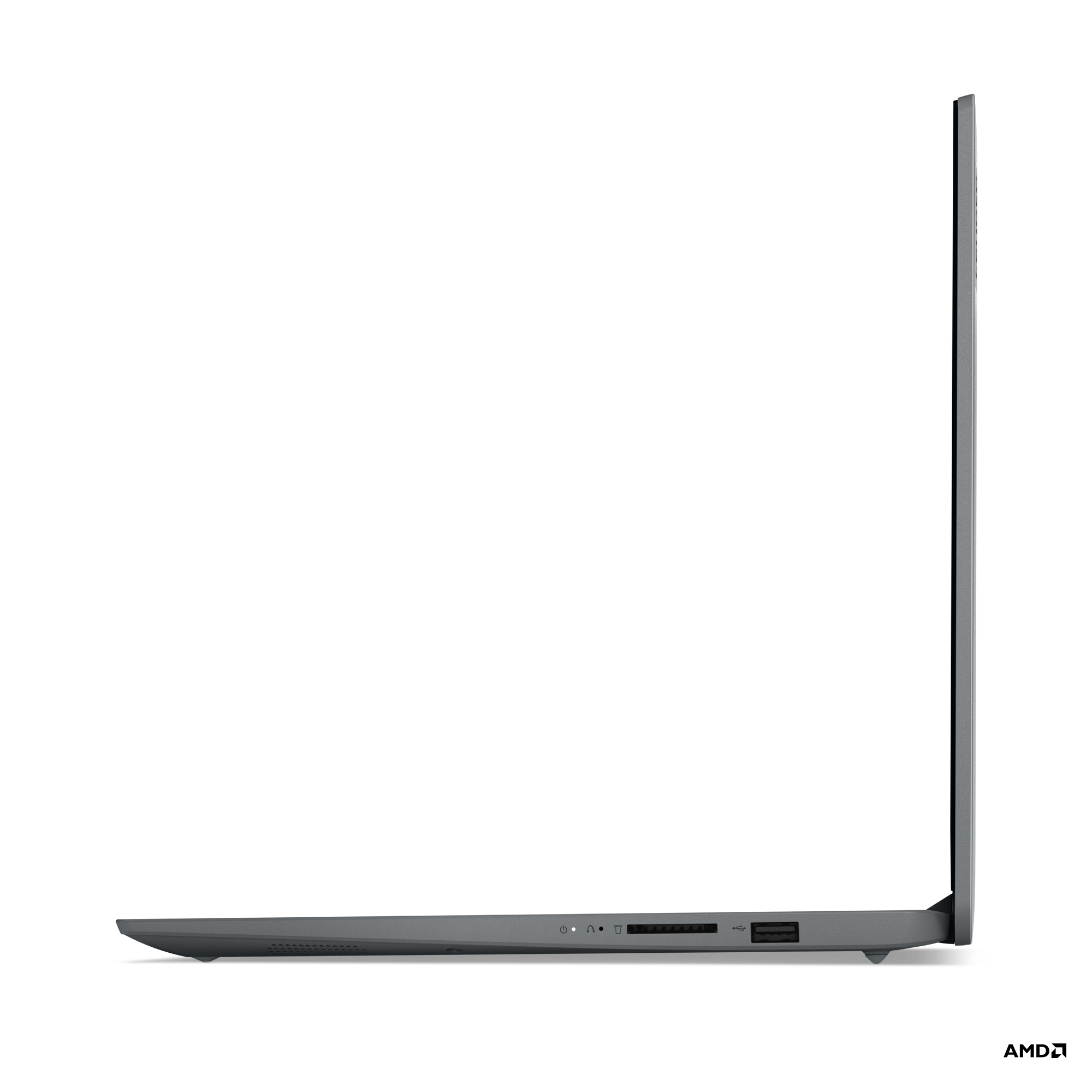 Gri, kapalı laptop yan görünümü. Siyah arka plan üzerinde bağlantı noktalarını ve yan profili gösterir.