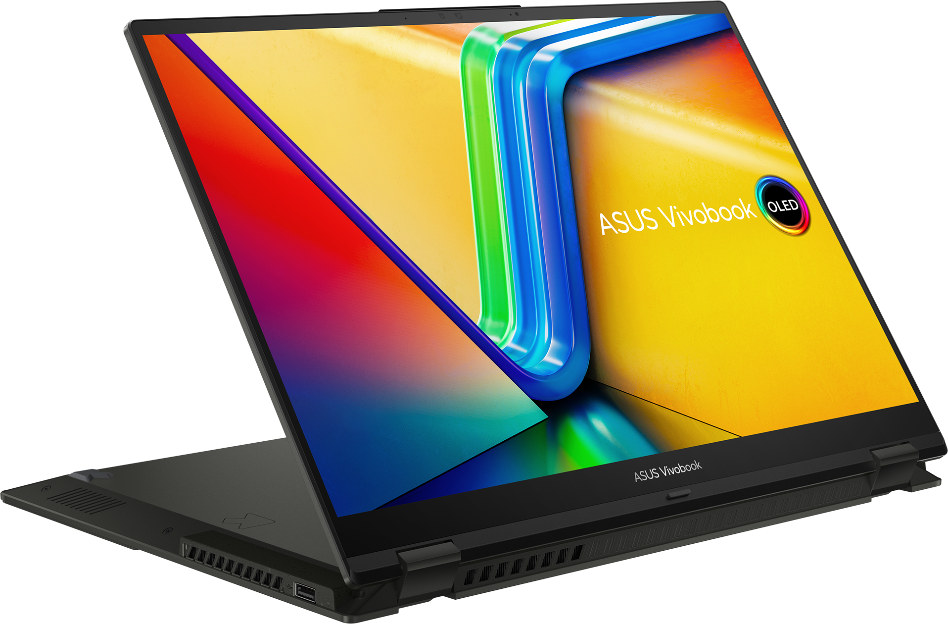 Ordinateur portable ASUS Vivobook noir, ouvert avec écran coloré et autocollant OLED.