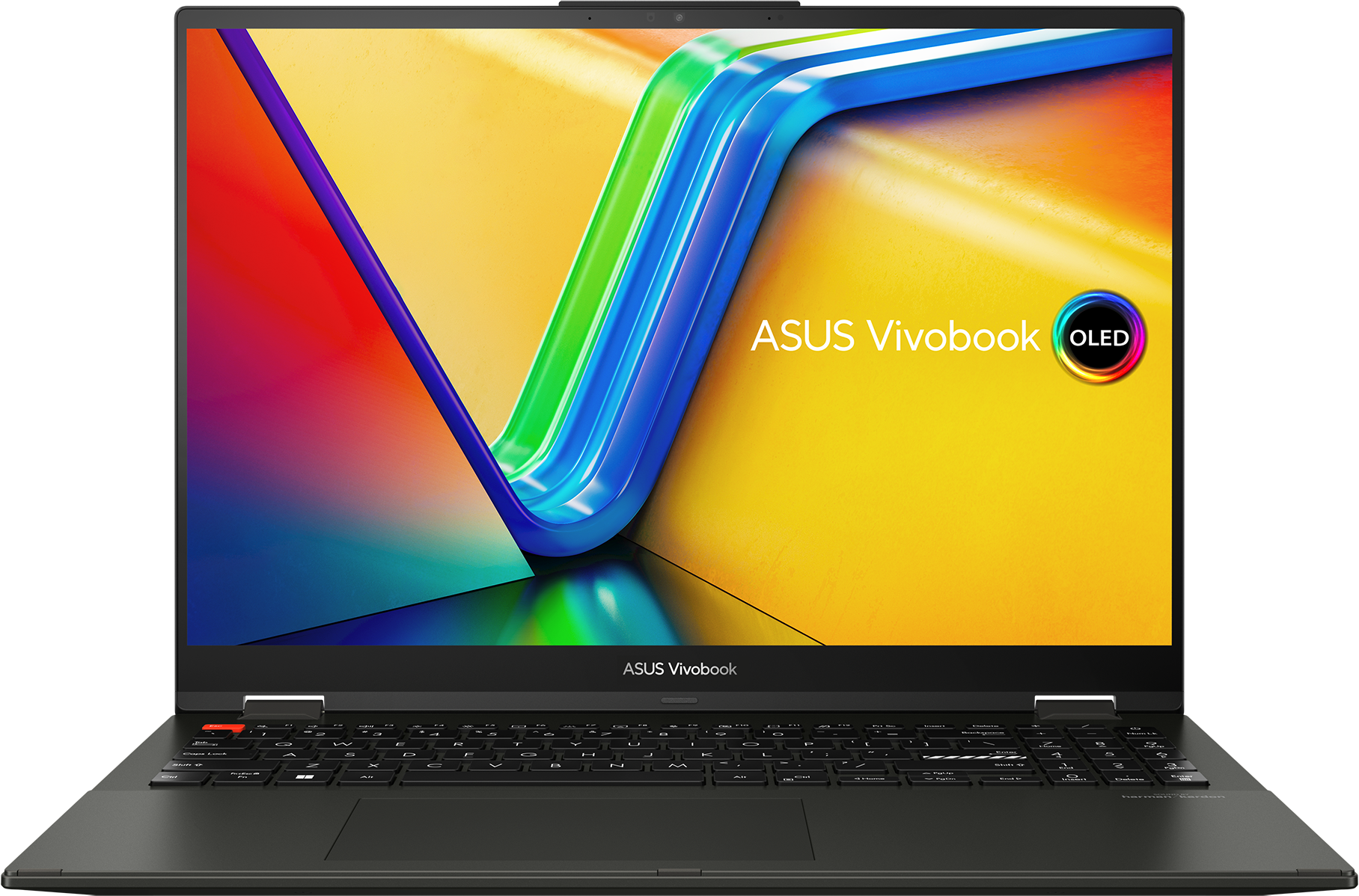 Ordinateur portable avec écran coloré, clavier noir et logo ASUS Vivobook.