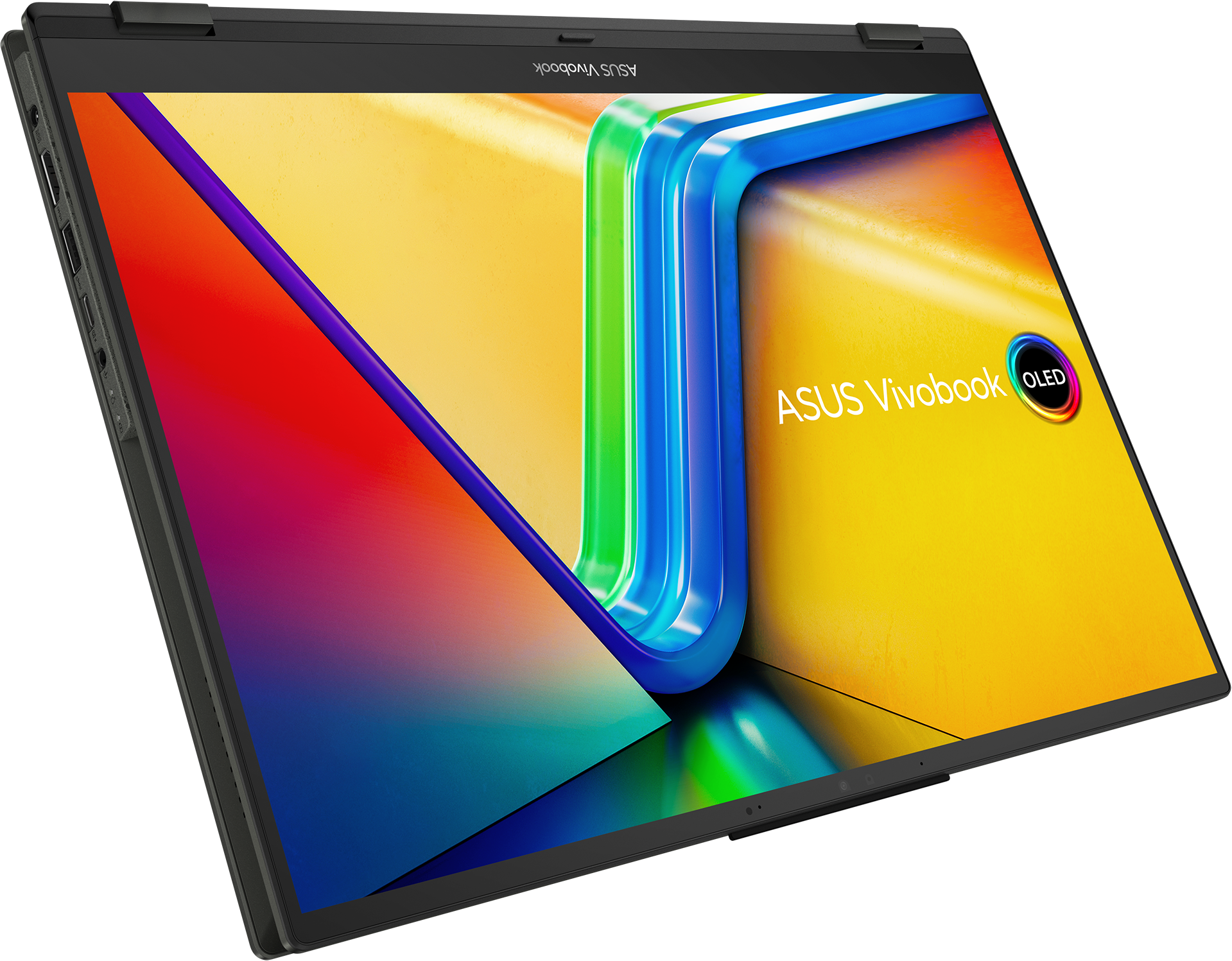 Un ordinateur portable ASUS Vivobook est ouvert en angle. L'écran affiche un affichage coloré vibrant.