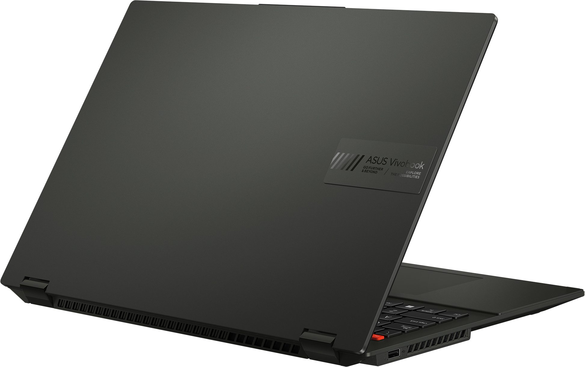 Dos d'un ordinateur portable noir, écran ouvert, logo ASUS Vivobook.