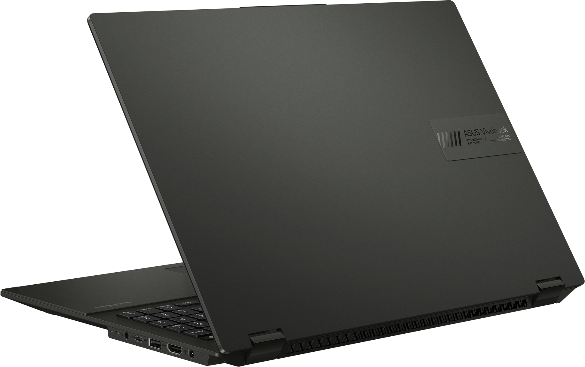 Vue arrière d'un ordinateur portable, montrant le couvercle et le logo sur une surface noire.