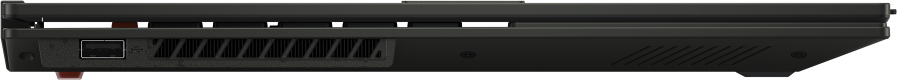 Le dessous d'un ordinateur portable noir, montrant les ports et la ventilation.
