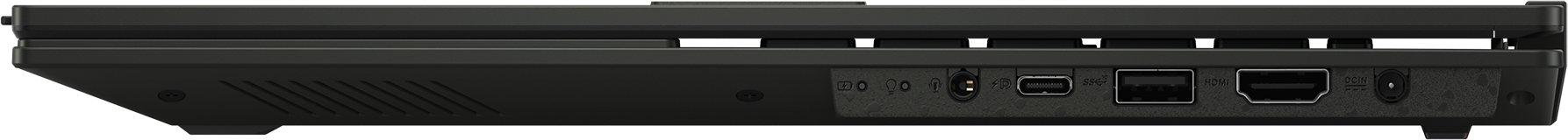 L'arrière d'un ordinateur portable montrant les ports. Les ports incluent l'alimentation, USB et HDMI.