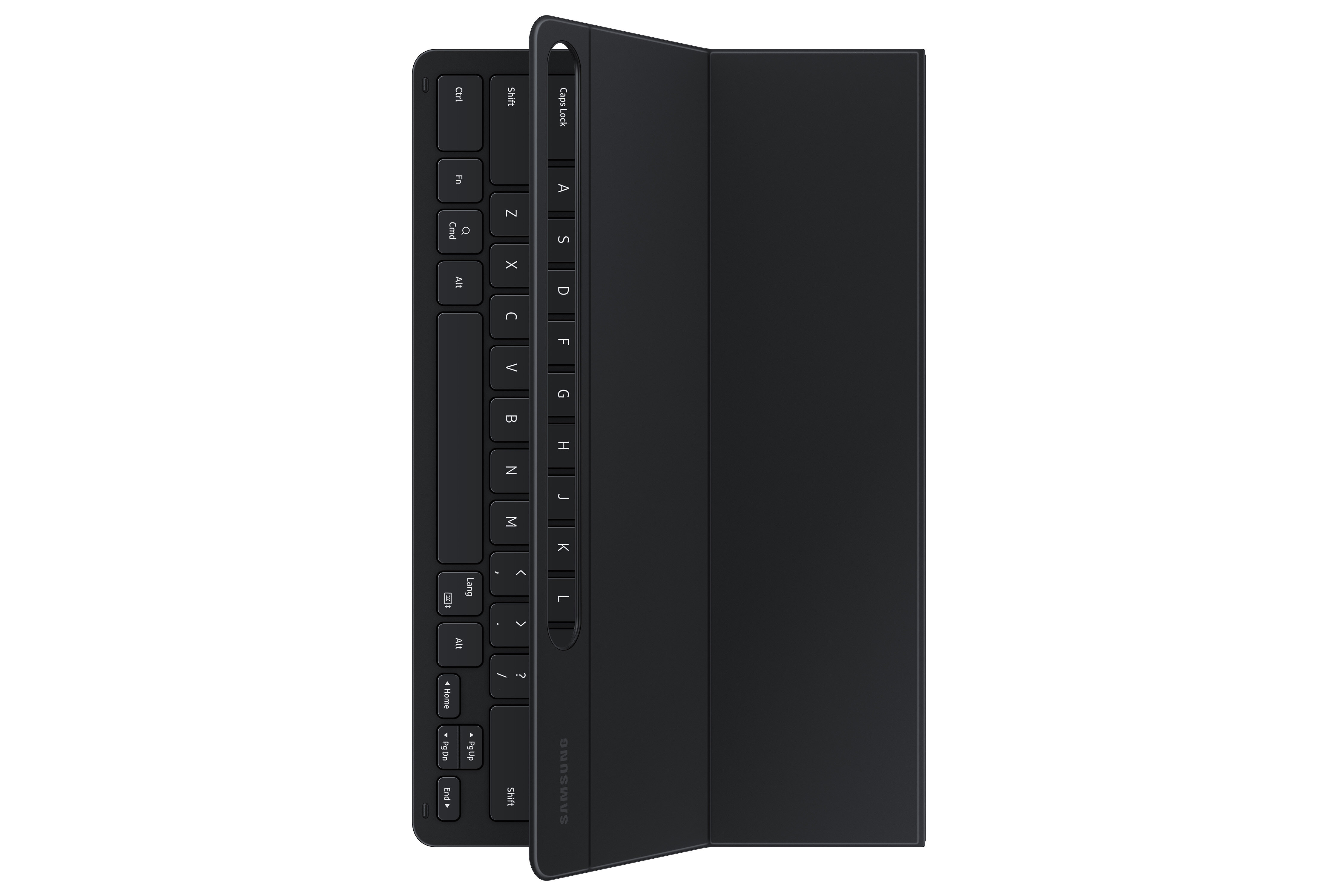 Czarna klawiatura do tabletu, z osłoną, otwarta, aby pokazać klawisze, na białym tle.