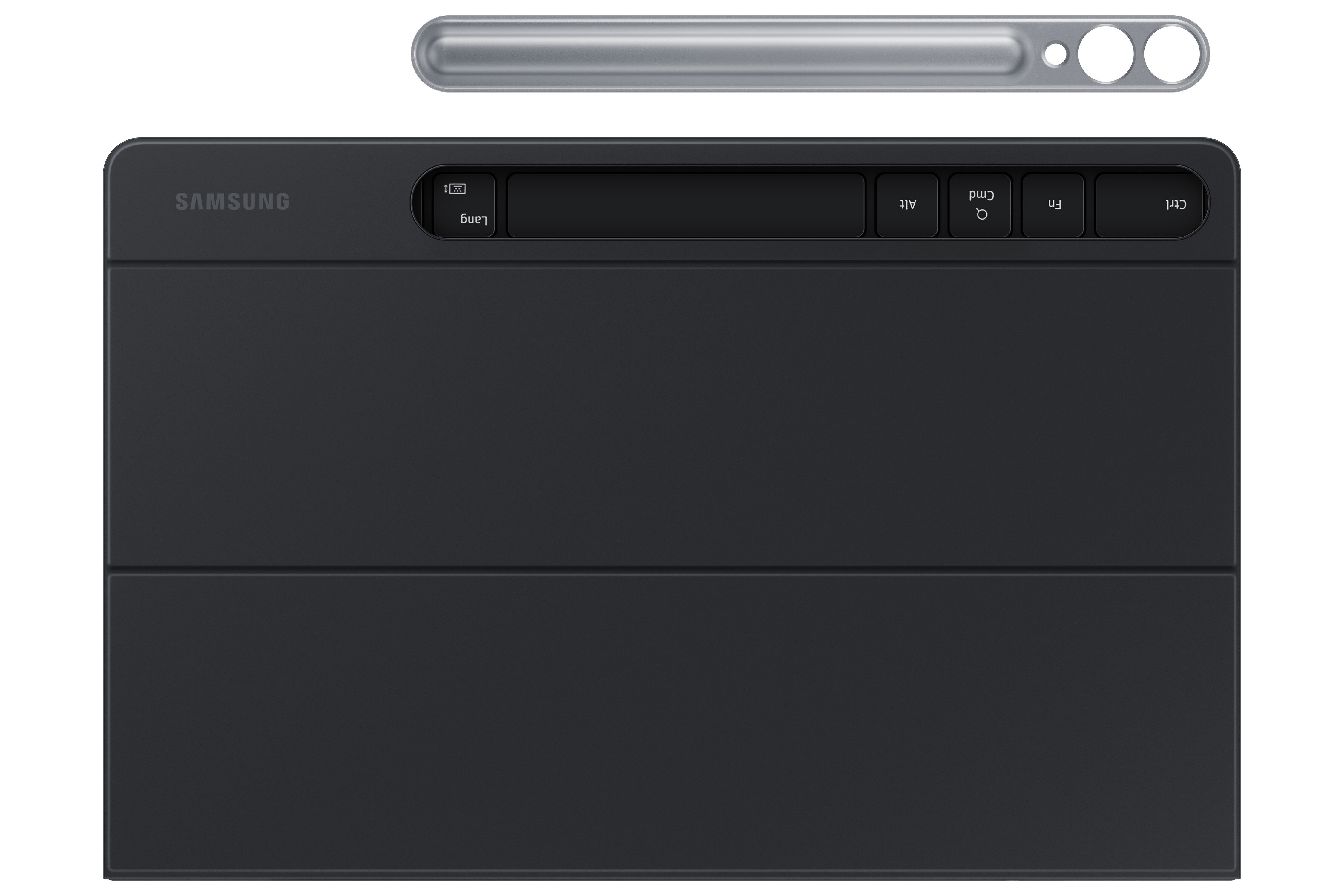 Czarna klawiatura do tabletu ze srebrnym paskiem u góry i logo Samsung.
