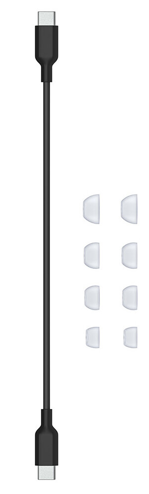 Czarny kabel USB-C z zestawem wkładek dousznych, wszystko na białym tle.