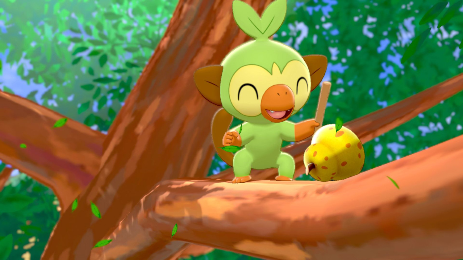 Een groene Grookey Pokémon met een stok en een peervormige vrucht, vrolijk glimlachend.