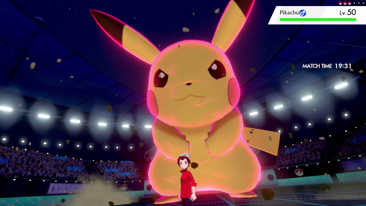 Pokemon gevechtsscène. Gigantische Pikachu tegenover een trainer.