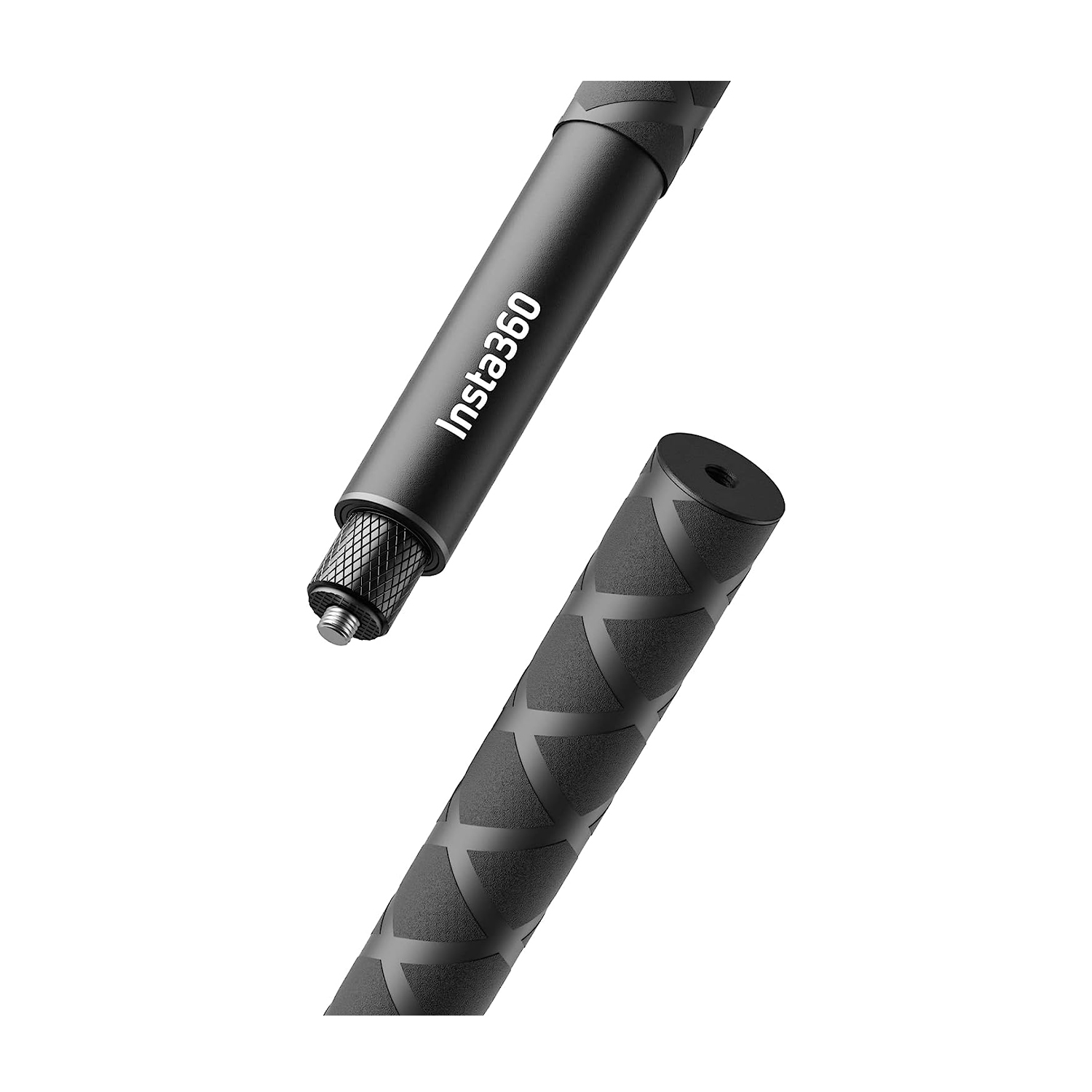 Due sezioni nere di un selfie stick Insta360. La parte superiore ha il logo Insta360 e quella inferiore un motivo a presa.