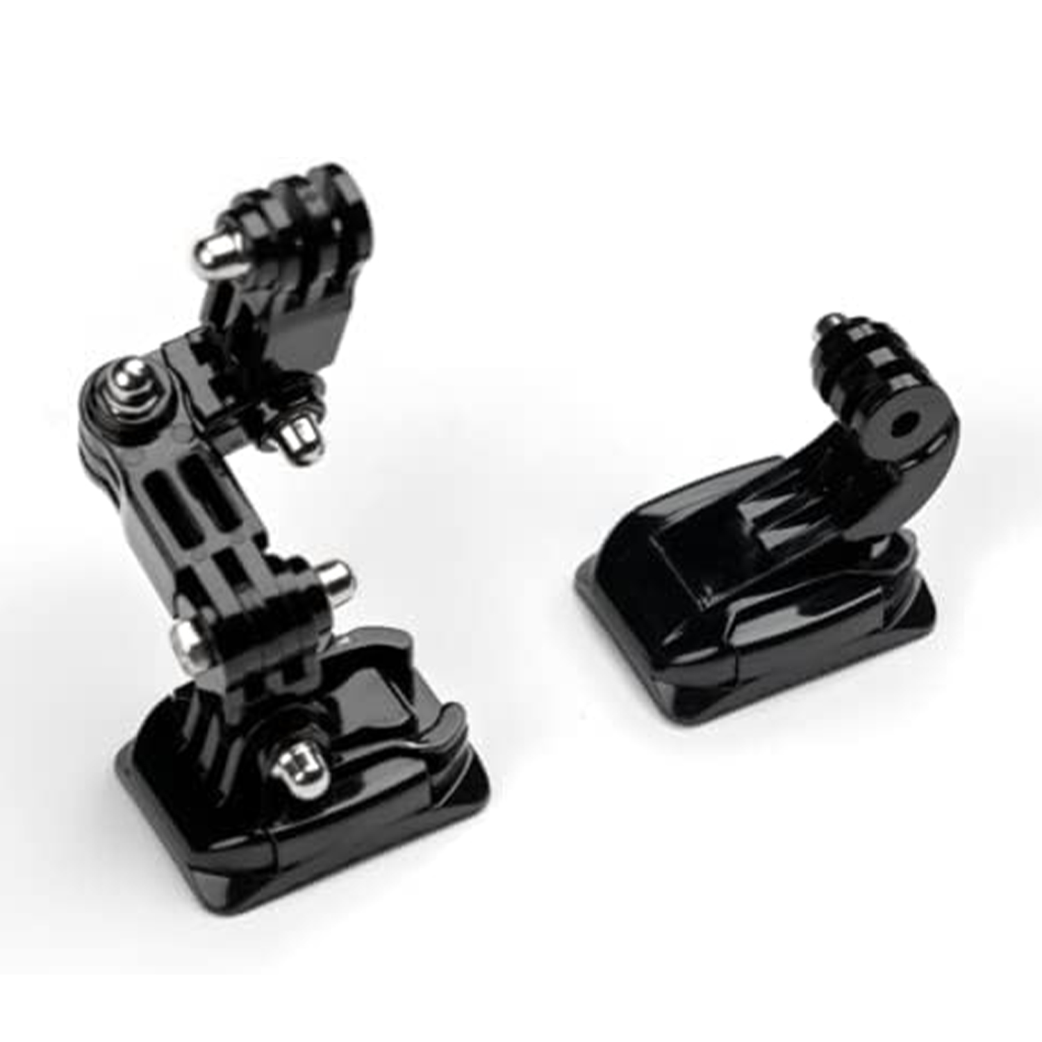 Due supporti neri per action cam. Uno è un supporto articolato, l'altro è una base piatta.