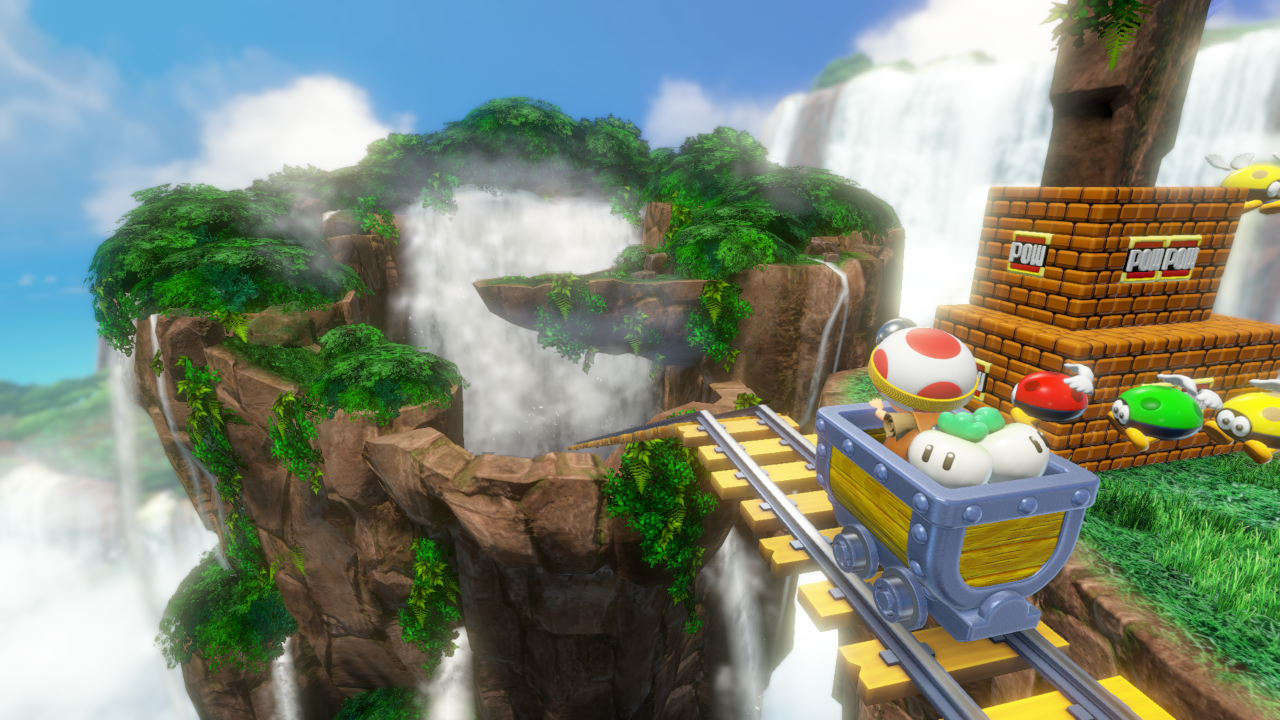 Een mijnkar met Mario en een paddenstoelpersonage rijdt door een watervallandschap.