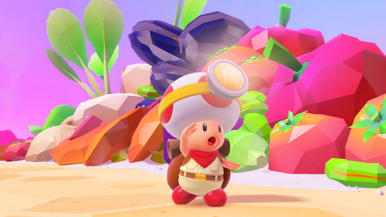 Een personage in een game, met een paddenstoelenkop, staand in een kleurrijke omgeving.