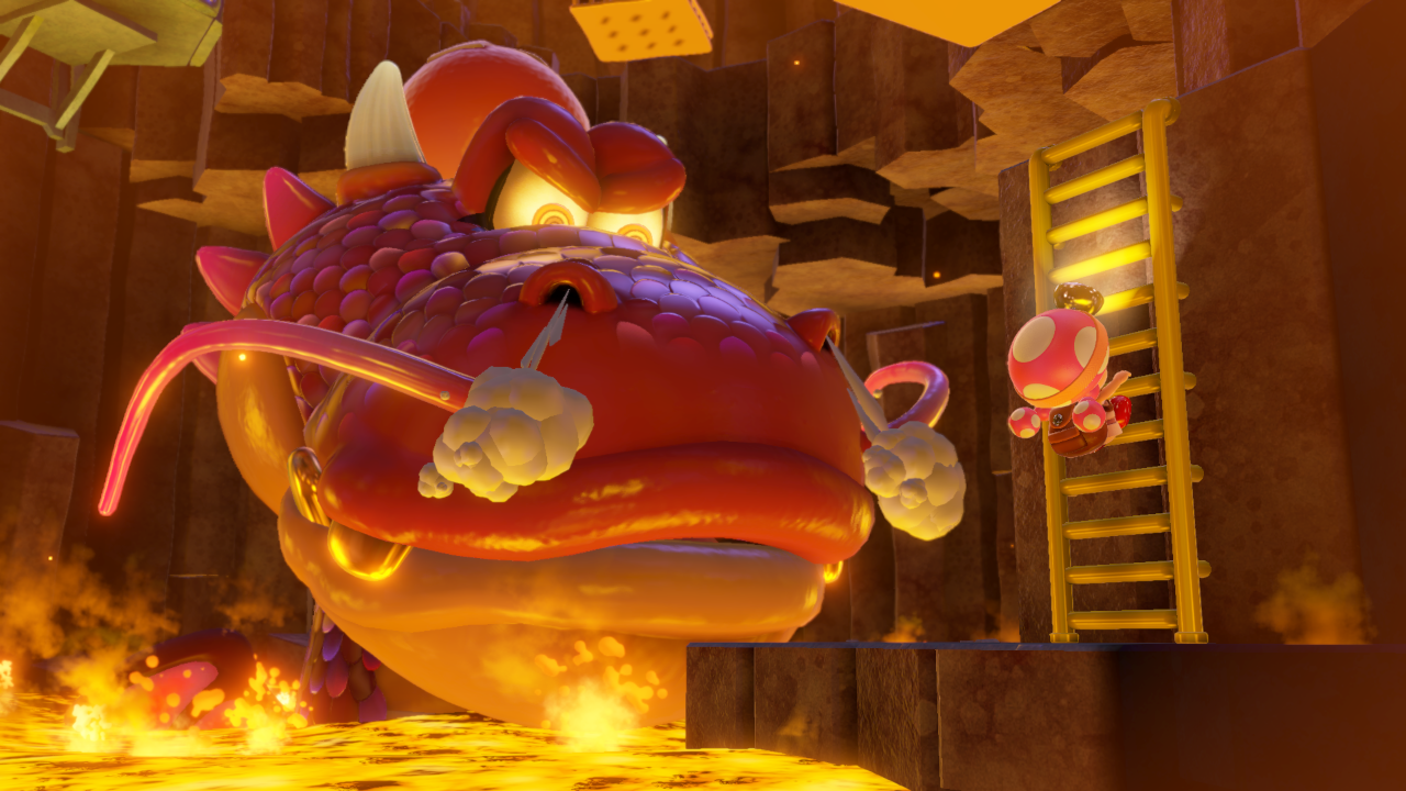 Mario en een roze personage in een lava-omgeving met een ladder.