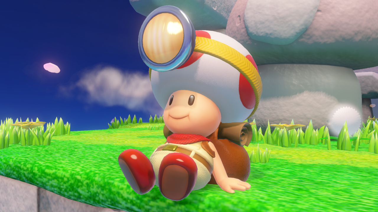 Toad van Super Mario, zittend op gras, met een rugzak en een ontdekkingsreizigershoed.