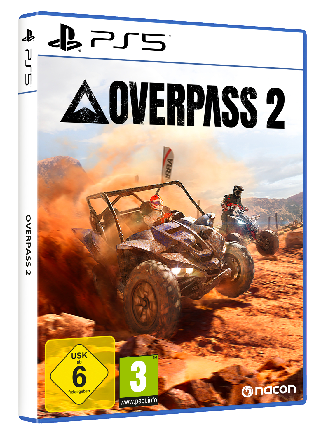 Spielcover für 'Overpass 2' auf PS5. Das Cover zeigt ein Rennauto auf einer Sandstrecke.