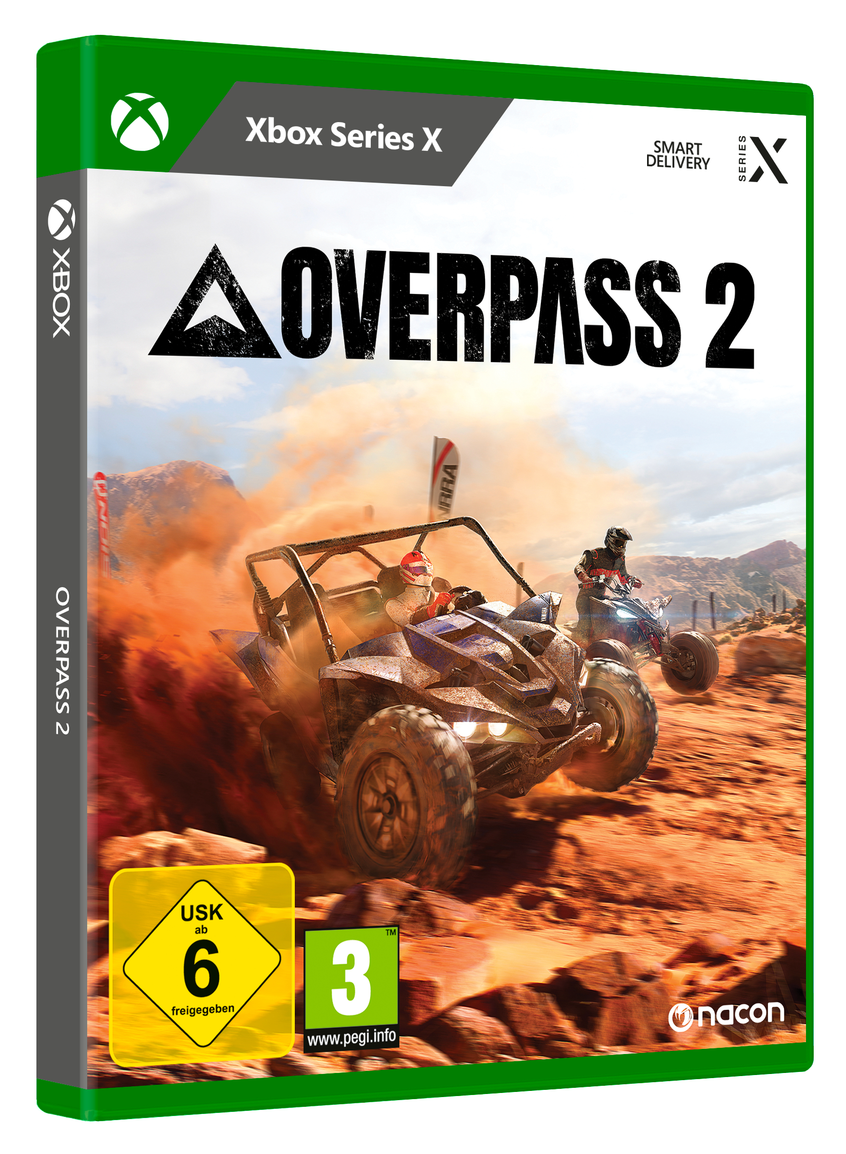 Spielbox. Overpass 2 Titel. Zwei Fahrzeuge rasen auf einer Dirt-Strecke. Die Box hat ein Xbox Series X Logo.