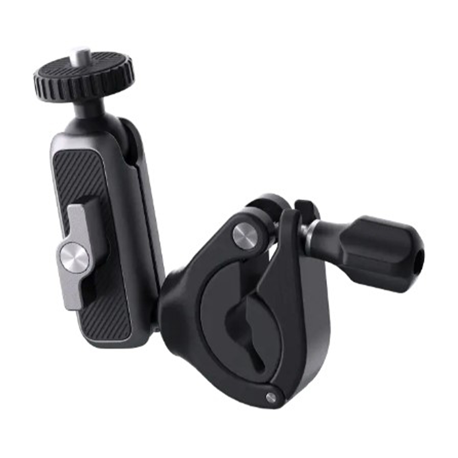 Supporto per bici in metallo nero con giunto sferico e morsetto. Sfondo bianco.
