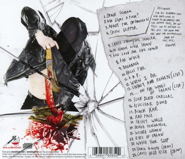 Rückseite einer CD-Hülle. Text und Bilder zum Album. Zerbrochener Spiegel im Hintergrund.