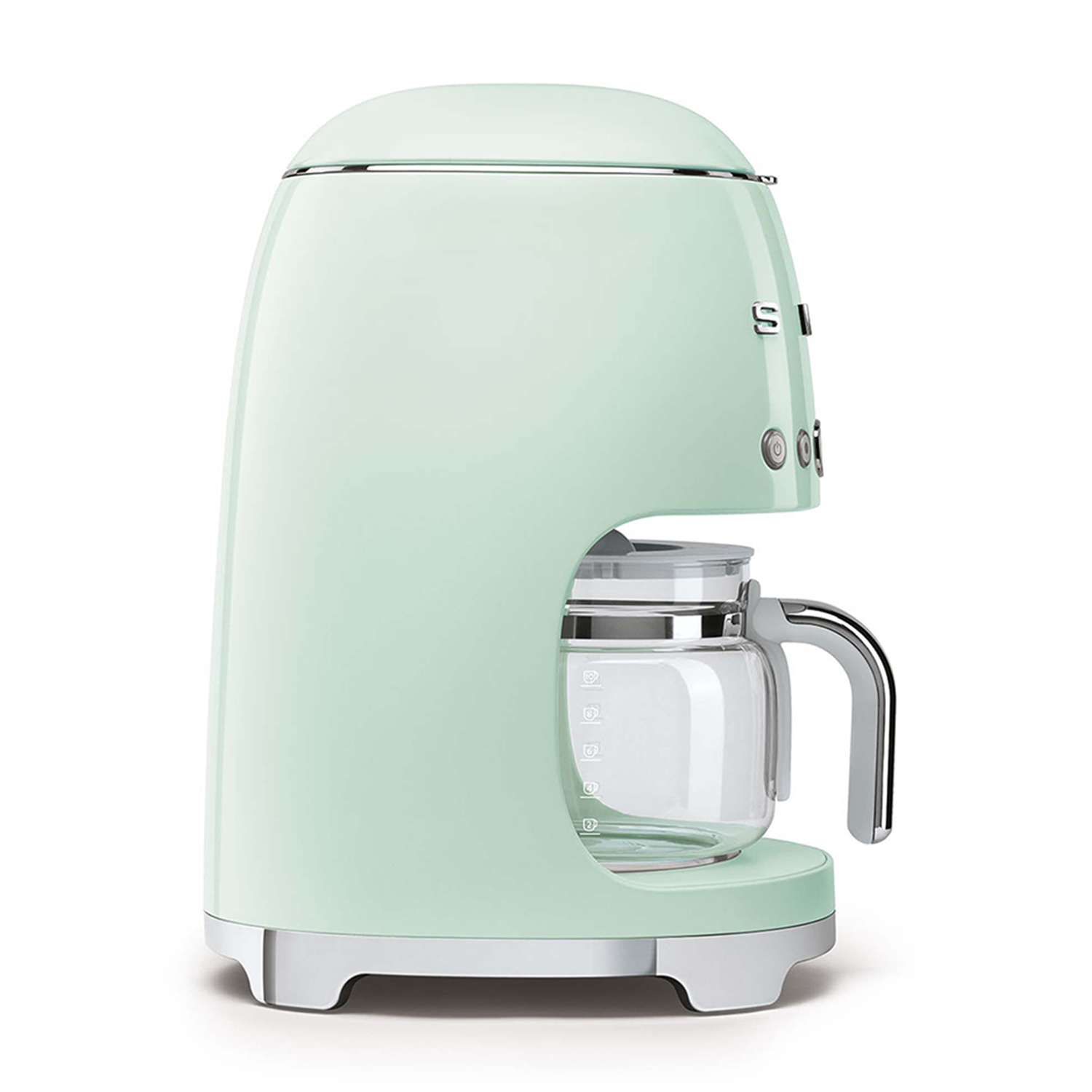 Caffettiera Smeg verde menta. Caraffa in vetro visibile. Manico e base cromati.